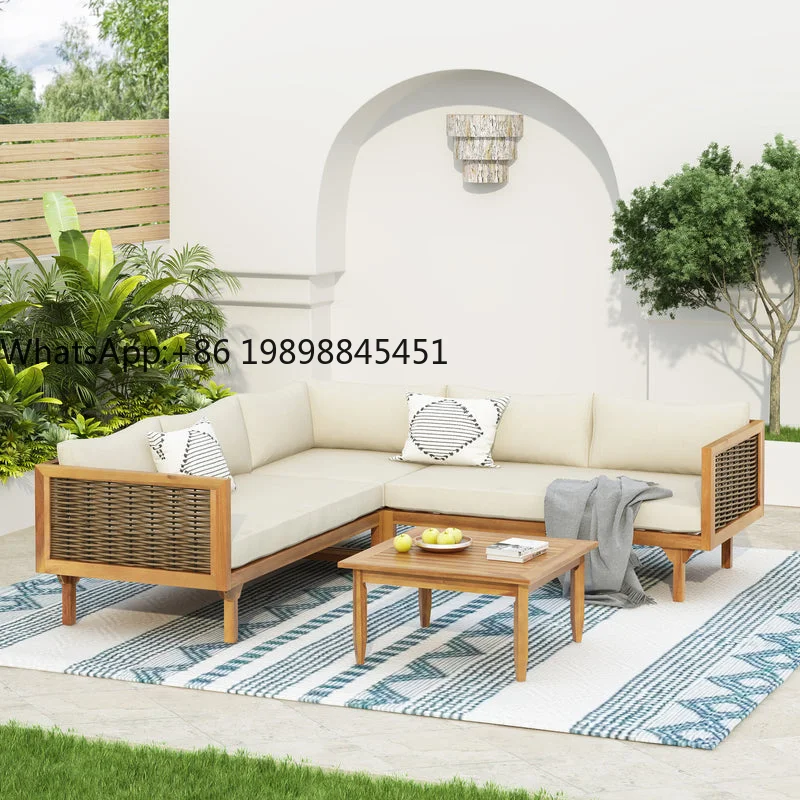 

Coastal Style L-Shaped Patio Lounge Furniture All-Weather Teak Wood 090709