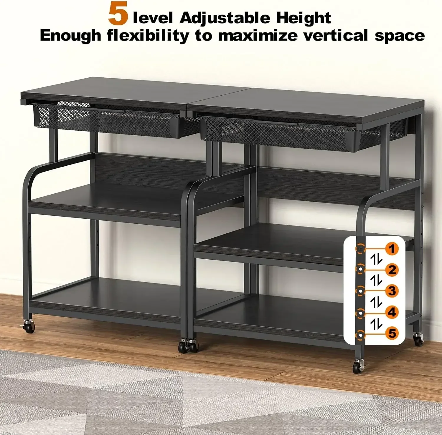 

Подставка для принтера 23,6''x18,9'' (очень большая) с выдвижным ящиком, 3-уровневая, 5 регулируемых высот, на колесиках, передвижная тележка для принтера