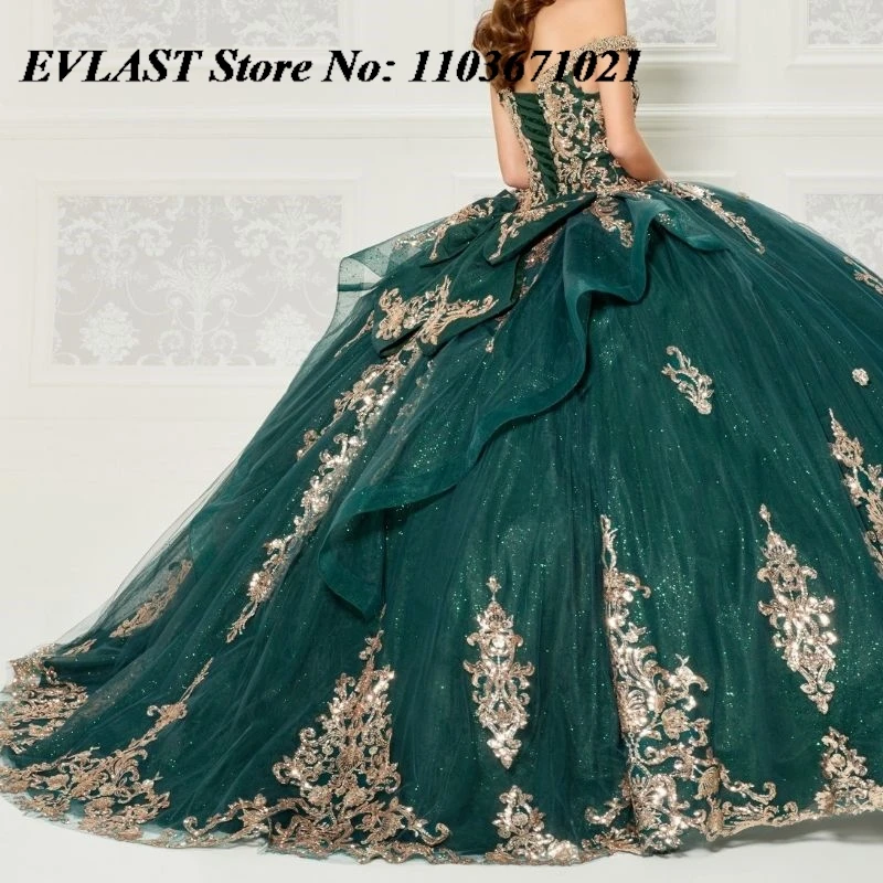 EVLAST Customized Emerald Green Quinceanera Dress Ball Gown Gold Lace Applique Beaded Tiered Sweet 16 Vestidos De XV 15 Anos SQ5