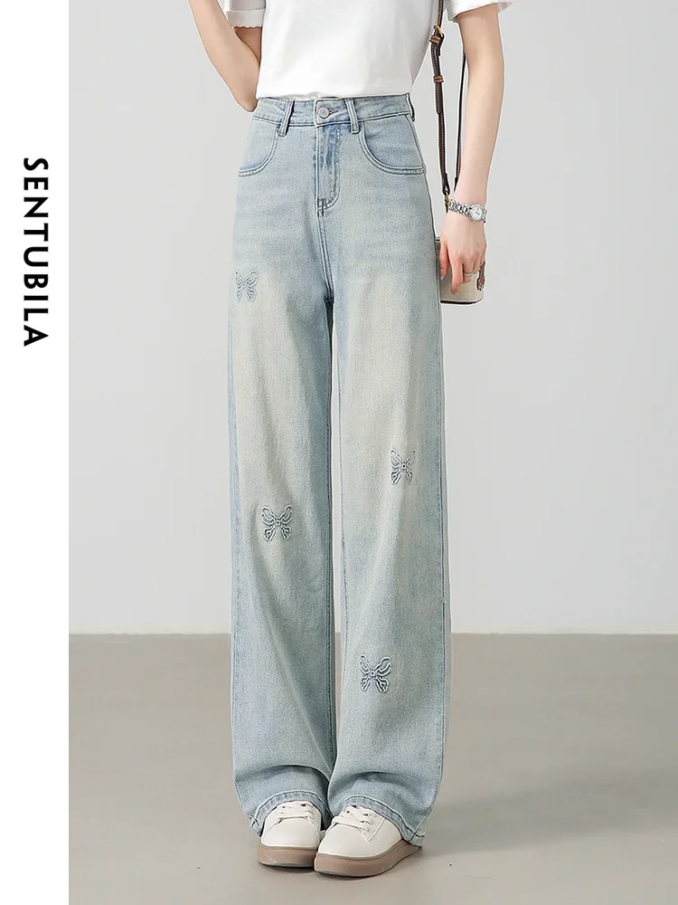 

SENTUBILA Retro Denim Jeans Pants Women 2024 Summer Fashion Casual Comfort Thin Wide Leg Trousers Straight Denim Pant W42N55404