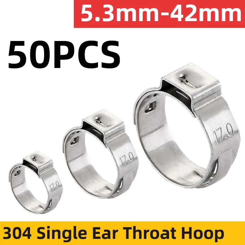 50 PCS Single Ear Hose Clamps 5.3-42mm Multiple specifications High Quality Stainless Steel 304 Ear Pipe Clamps Assortment Kit