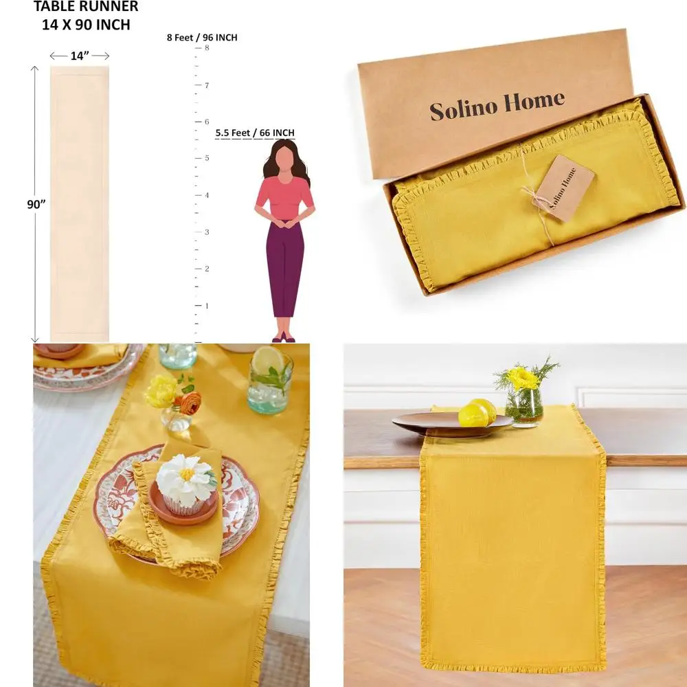 

Скатерть из 100% чистого льна, горчично-желтого цвета, 14x90 дюймов, ручная работа, можно стирать в машине, стиль с рюшами Джульетты