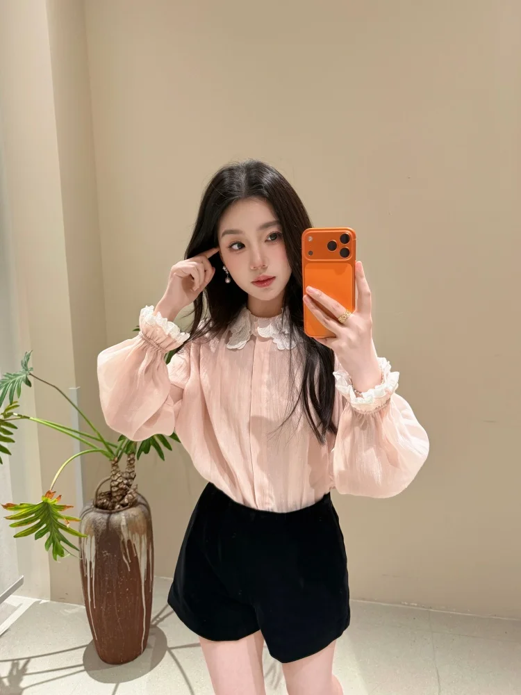 

Xu Kai White Pink Blue High-End Lace Trim Long Sve irt Princ Sle Loose Fit Cotton Blend Polyester Nylon Blend