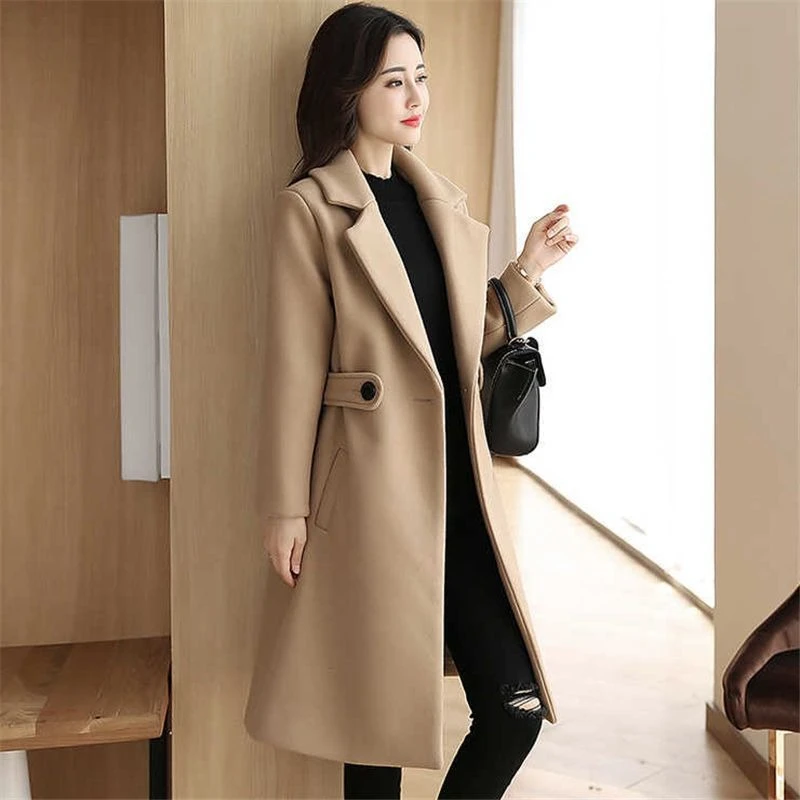 

Women's Long Wool Coat Winter Mid Length Slim Fit Woolen Trench Coat Hepburn Inspired Versatile Outerwear for Daily Wear