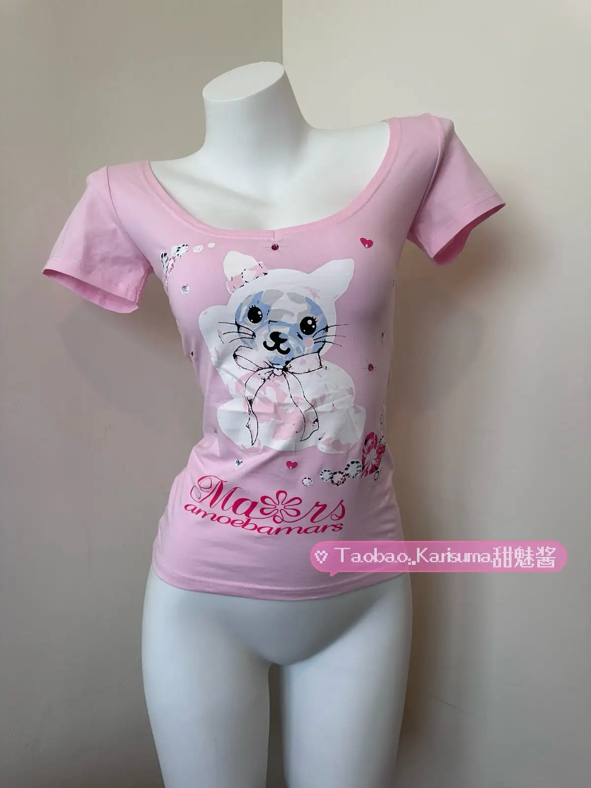 Y2K Cartoon Cat Printed and Unprinted T-Shirt Womens Sweet Pink Scoop Neck Short Sleeve Slim Fit Vintage Cute Casual Tee Top