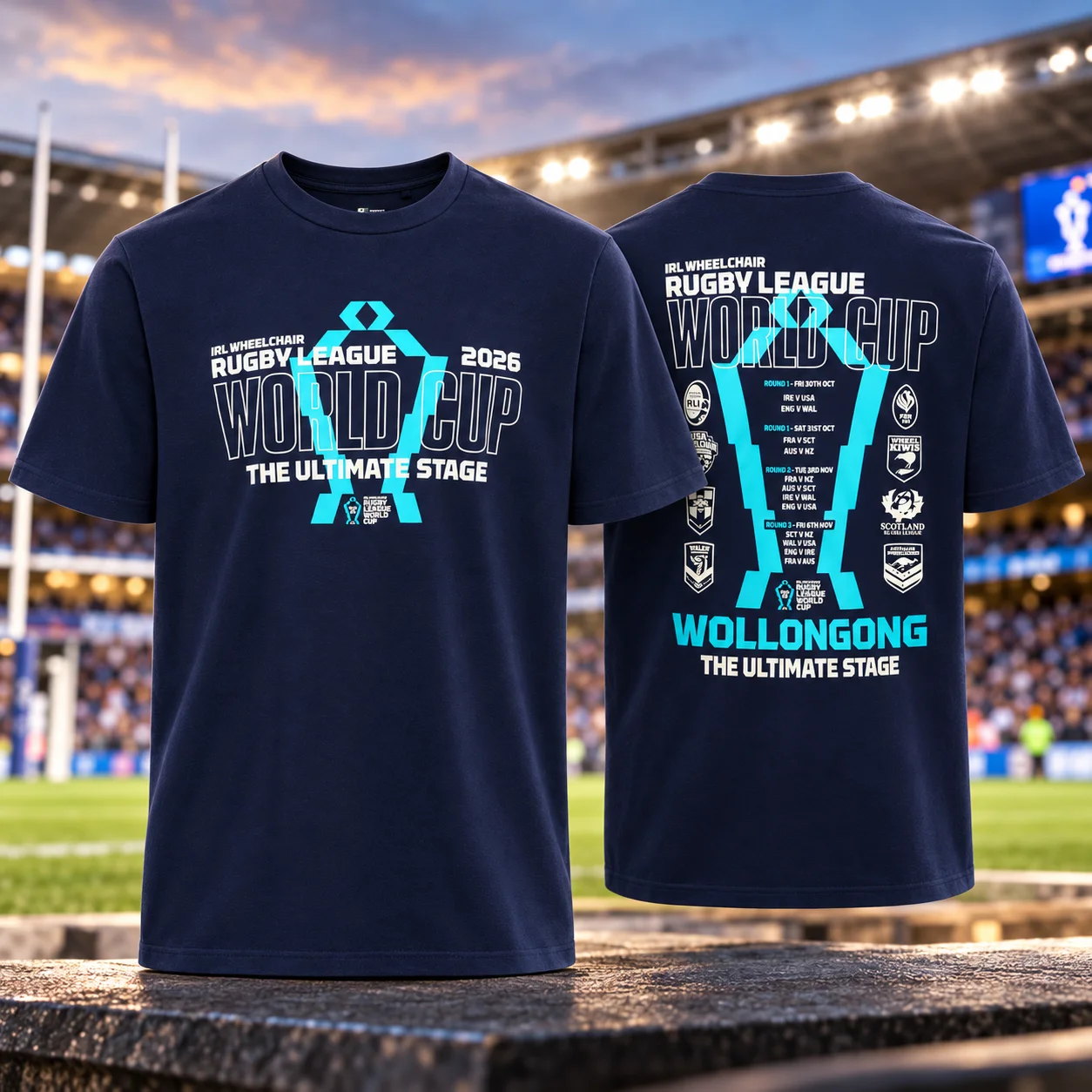 2026 Rugby League World Cup Unisex Double-Sided T-Shirt, Wollongong Tournament Souvenir Tee, Navy Crew Neck Short Sleeve Fan