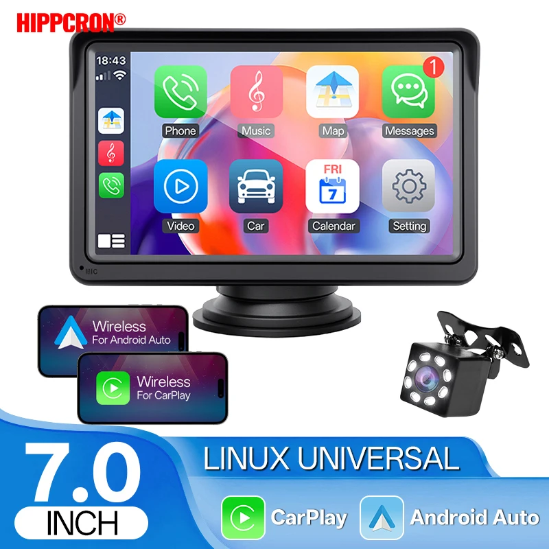 Hippcron 7 Inch Wireless CarPlay & Android Auto Car Stereo, Portable Universal Touch Screen Multimedia Video Player