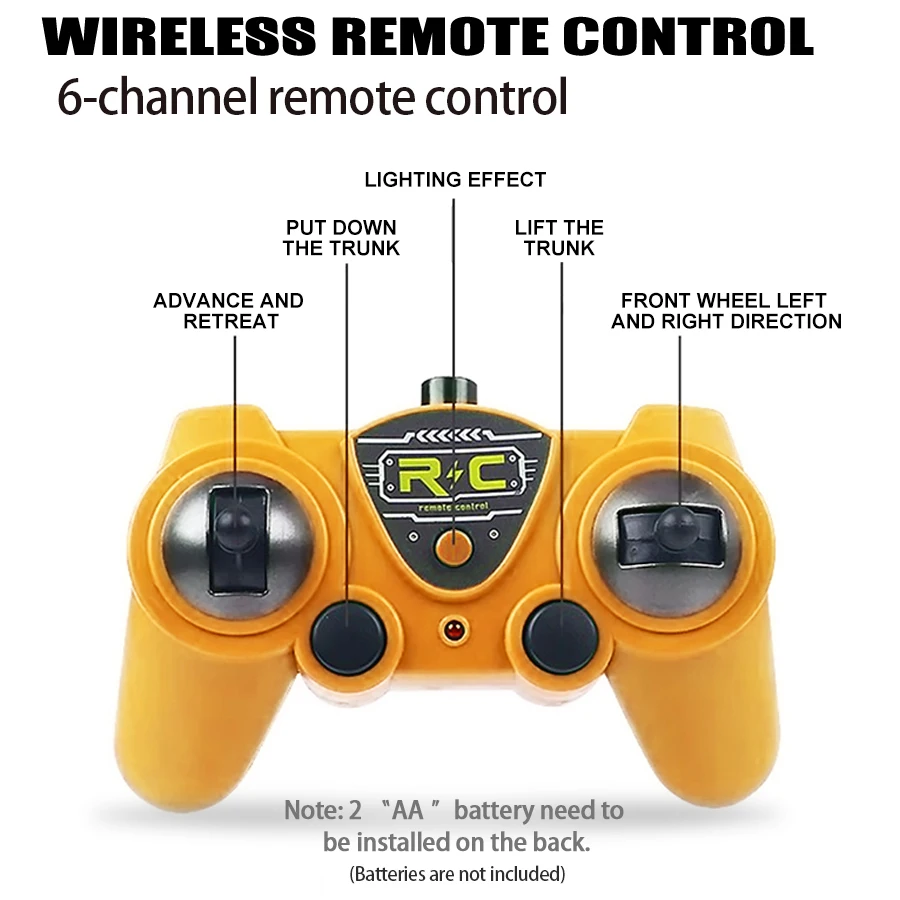 Veículo de engenharia de controle remoto de 6 canais 2.4G recarregável caminhão RC brinquedo com efeitos de luz/som, presente para crianças