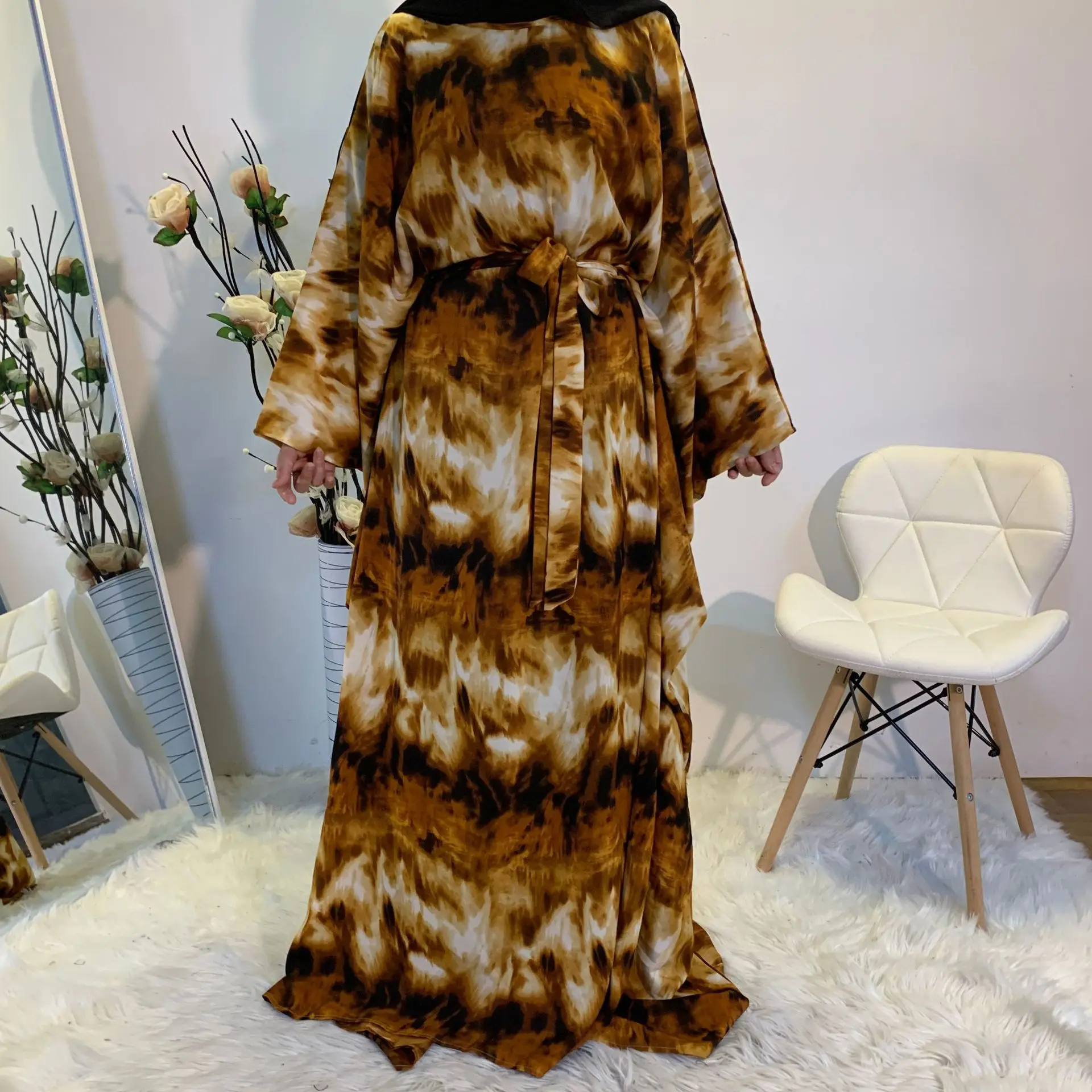 Manica a pipistrello Abito lungo di grandi dimensioni Musulmano Dubai Abaya Stampa floreale Eleganza Islam Abbigliamento Abiti per le donne Vestido Longo Feminino