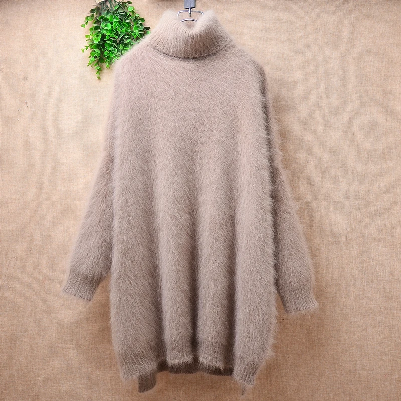 Female Women Fall Winter Clothing Hairy Plush MInk Cashmere Knitted Turtleneck Split Loose Pullover Angora Fur Jumper Sweater