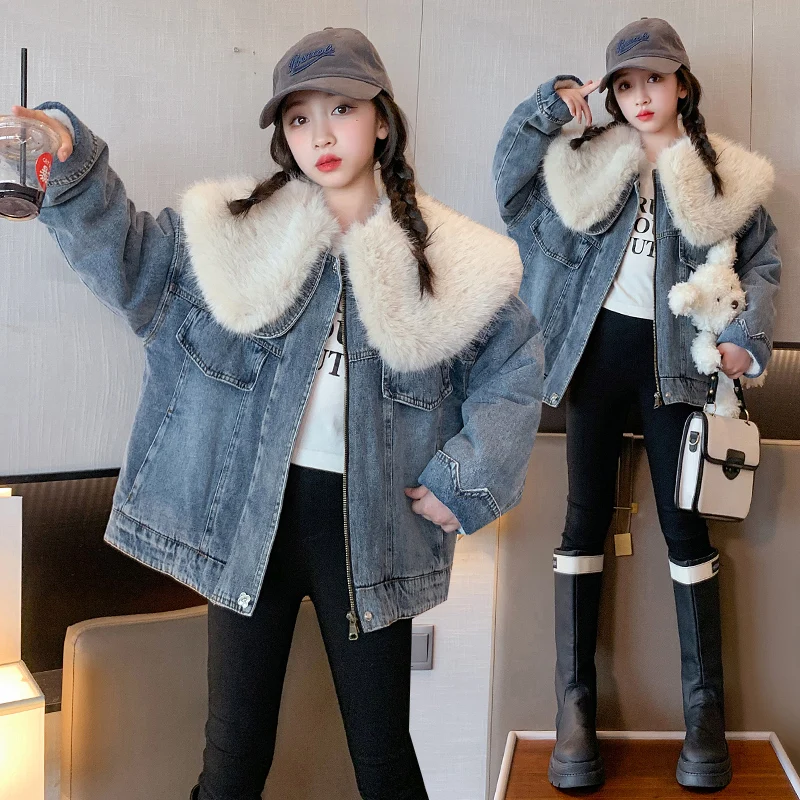 junior girl winter jackets vetement enfant fille Thickened inner rabbit fur denim jacket teenr outerwear kids warm coat overwear