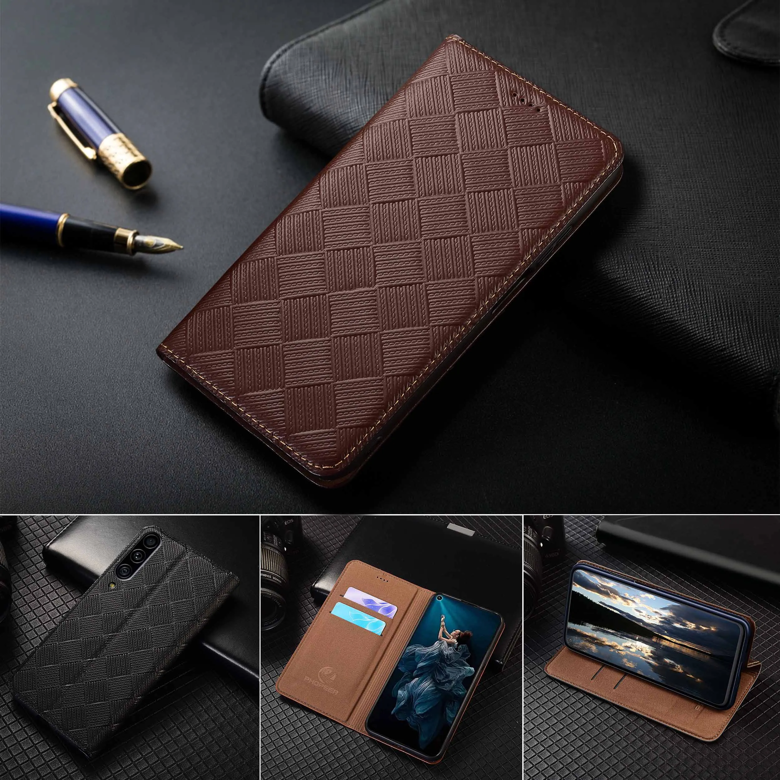 

For Samsung Galaxy A10 A20 A30 A40 A50 A60 A70 A80 A90 4G 5G Knit Pattern Of Genuine LeatherWallet Flip Phone Cover Case Cowhide