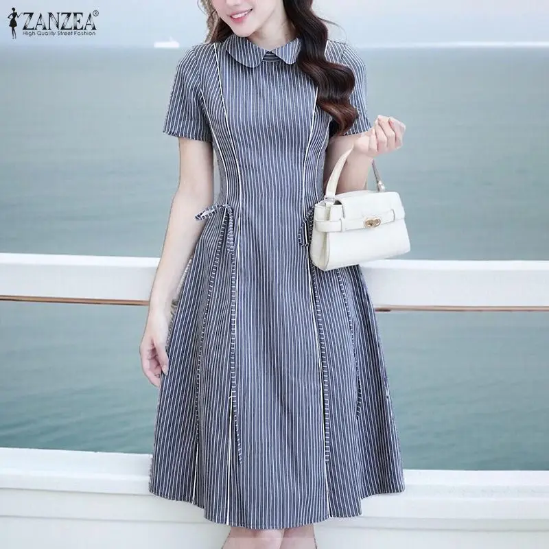 

ZANZEA летние полосатые платья-рубашки женская мода с коротким рукавом с принтом повязки повседневные вечерние платья 2026 элегантный офисный женский халат