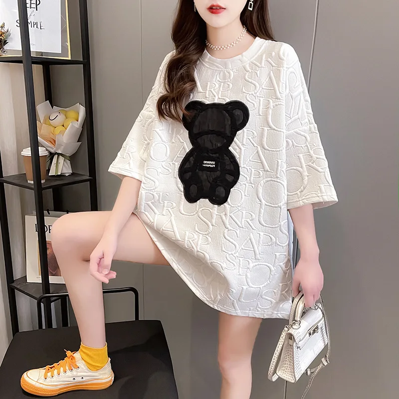 Summer Women Short Sleeve Oversized T Shirts Kawaii Cartoon Bear Print Women T-shirt Loose O-Neck Letters Tops for Women