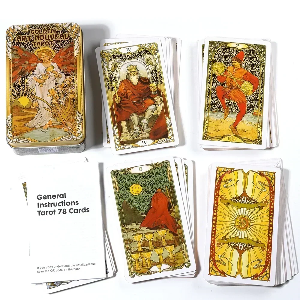 10.3*6 cm Golden Art Nouveau Tarot in A Tin Box with Guidebook 78Pcs Board Game