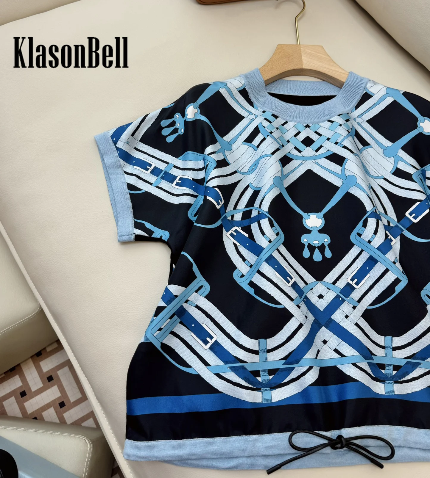 9.4 KlasonBell Women Drawstring Bandage Hem Design Classic Fashion Lock Chain Print Silk Spliced Short Sleeve Loose T-Shirt