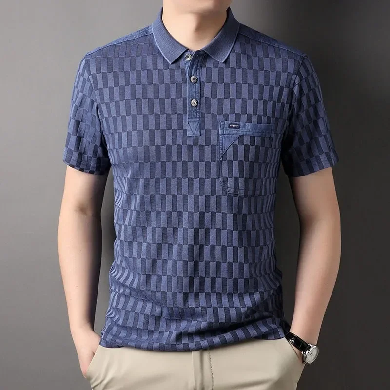 Washed Vintage T-Shirt Polo Shirt for Middle-Aged and Elderly Men, Solid Color Casual Top, British Style with Pockets, Washed and Distressed Craftsmanship, Nostalgic Retro Style with Faded Effect