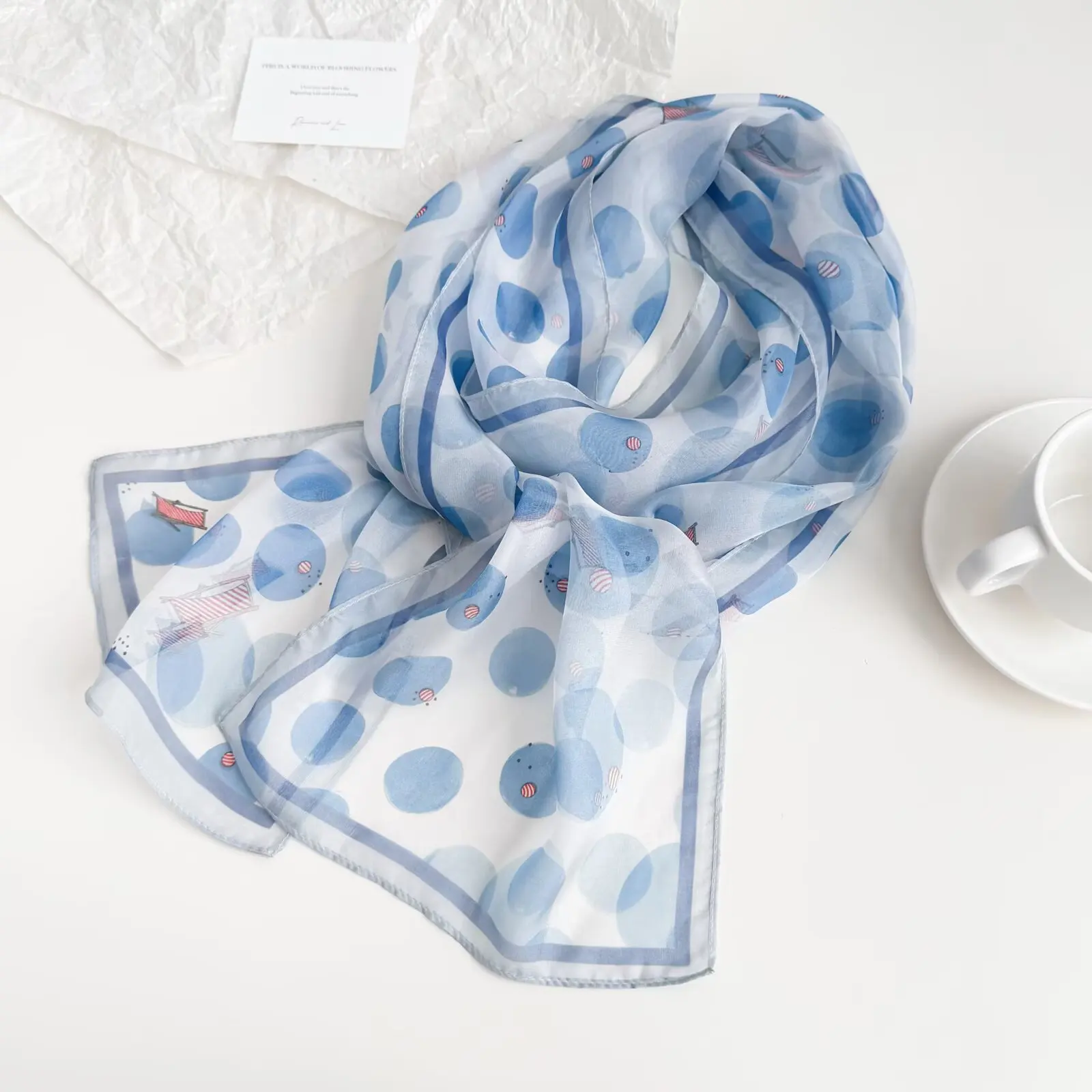 

Designer scarf luxury brand silk neck scarf cartoon blue polka dot print scarf for women Japanese kawaii summer accessory