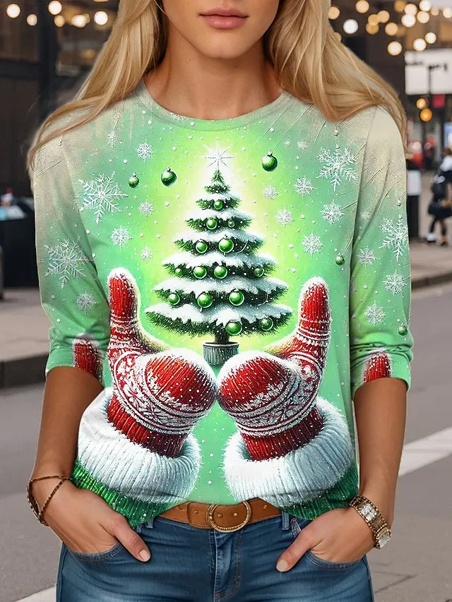 

Christmas basic long-sleeved T-shirt with Christmas tree print, solid color, round neck casual pullover versatile party T-shirt.