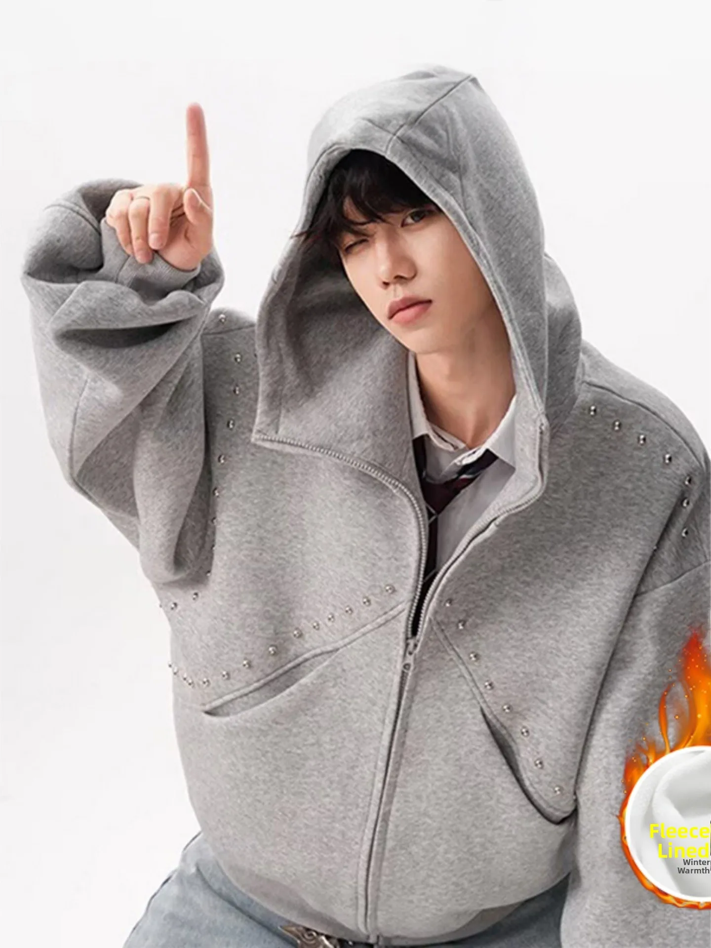 

Мужская толстовка American Sle Fce с подкладкой, износостойкая, осенне-зимняя, в стиле High Street, с заклепками и вставками, на молнии, утепленная