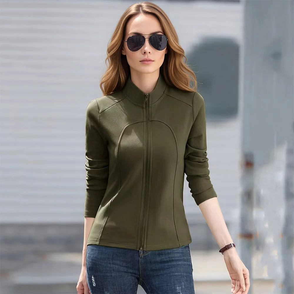 New Women Simplicity Zipper Cardigan T-shirt Spring Autumn Fashion Stand  Long Sleeve Slim T-shirt Daily Casual Tees Tops