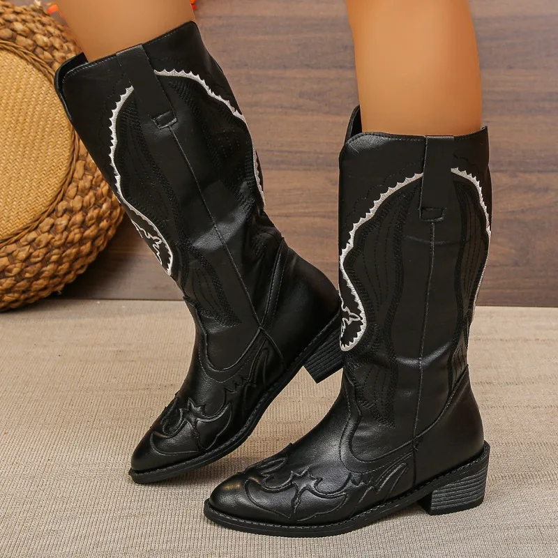 

Новинка 2024, женские сапоги до середины икры с вышивкой, ковбойские сапоги на квадратном каблуке, ботинки на платформе с острым носком, женская обувь в стиле вестерн