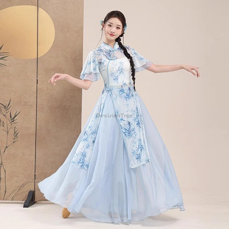 2025 new classical dance performance costumes chinese cheongsam yarn short sleeve printed set chinese dance performance costume