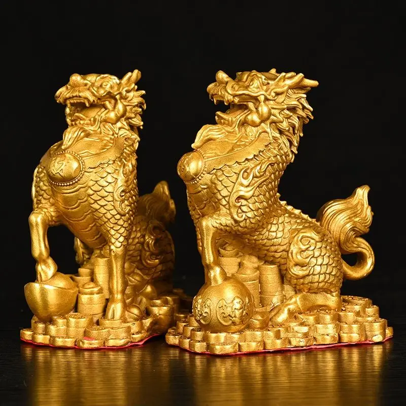 1pair Copper Fortune Kirin Ornament Home Living Room Entrance Office Decoration
