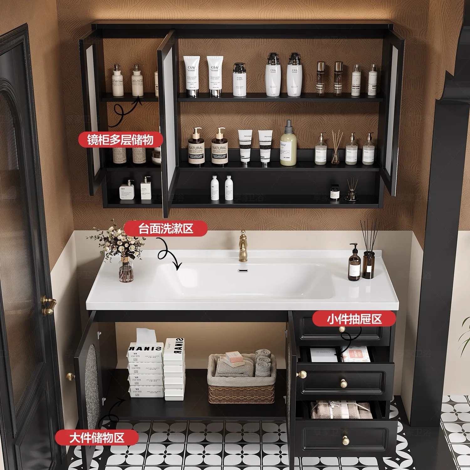 French Retro Oak Bathroom Washbasin Integrated Basin Wash Basin Cabinet Combination Ceramic Basin Bathroom Cabinet