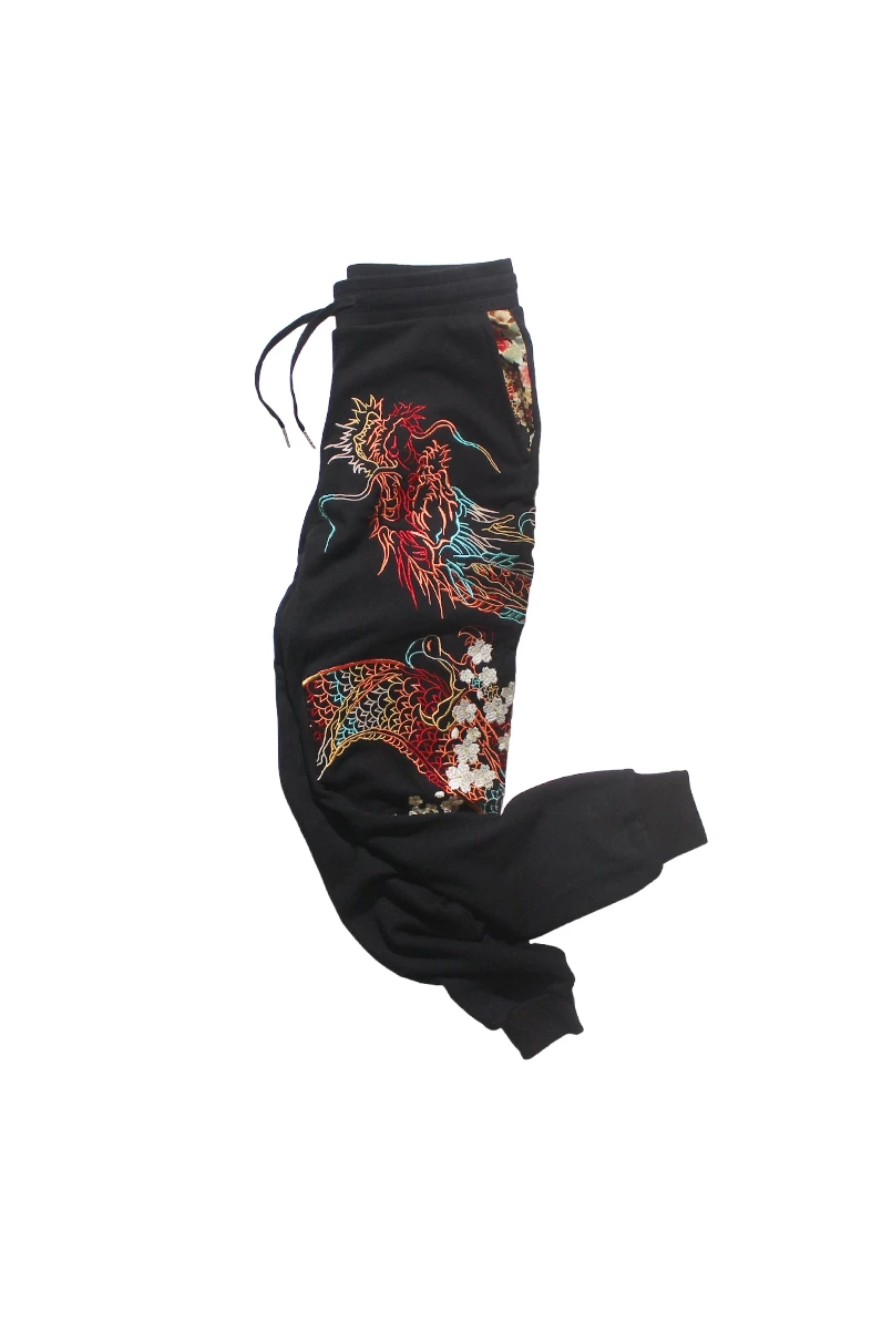 Black cotton pants for Men and Women Chinese Embroidered Pants Yokosuka Sportpants Loose Spring and Autumn