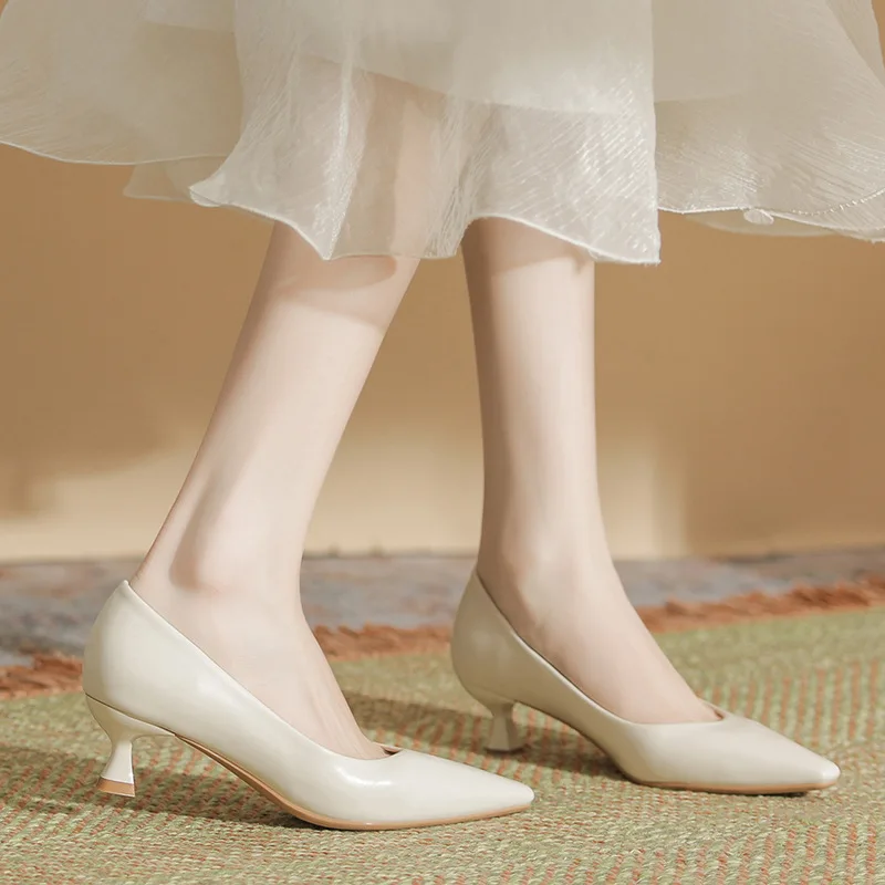 

2025 sheepskin inner pad low heel pointed single shoes oilskin pattern solid color soft leather fashion women's shoes high heels