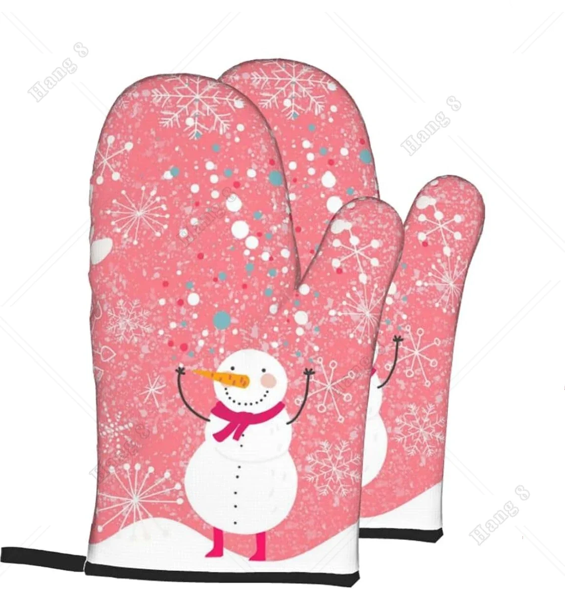 Pink Winter Cartoon Funny Snowman Scarf Floral Oven Gloves Sets of 2 Kitchen Potholder Oven Gloves Heat Resistant One Size