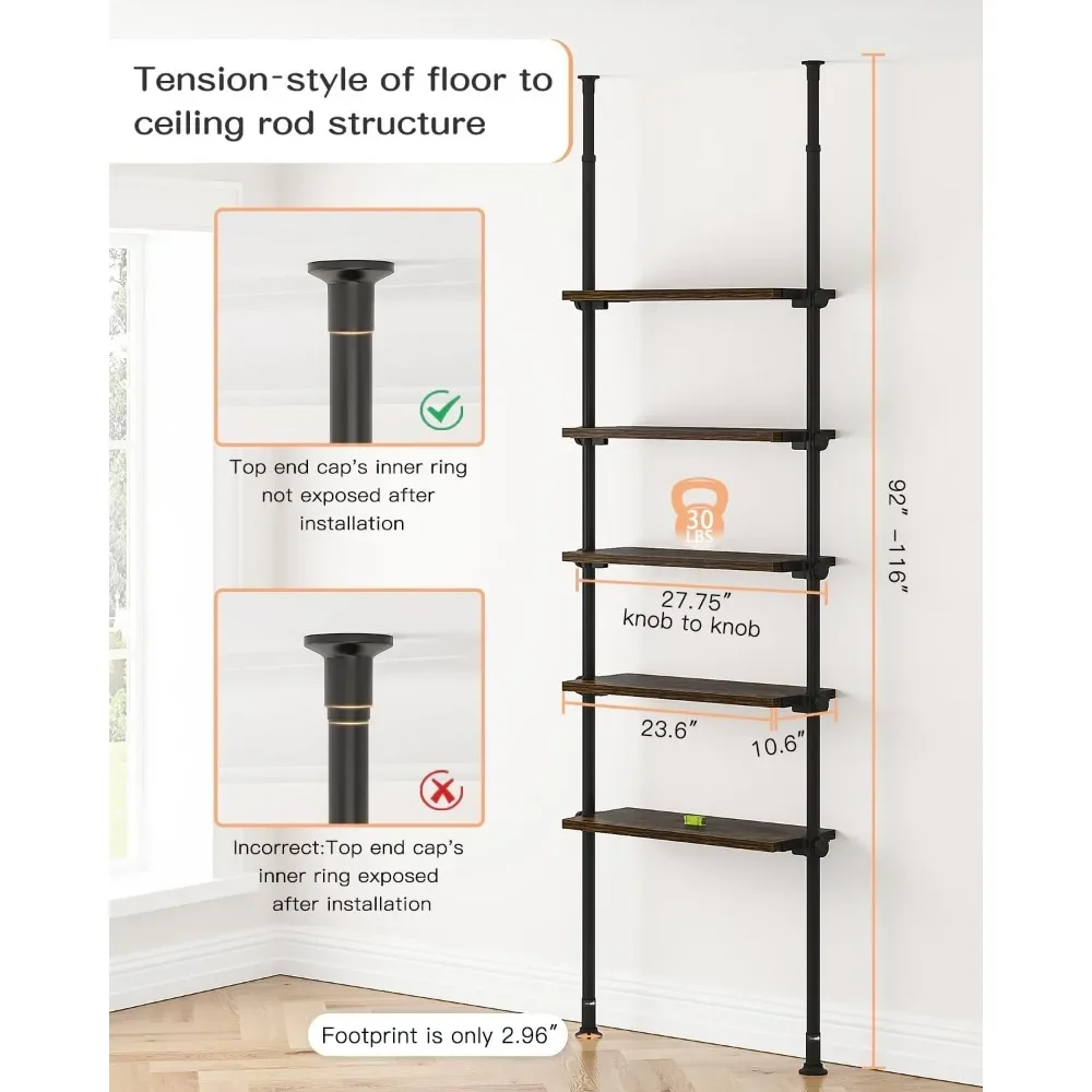 5 Tiers Narrow Bookshelf - Tall Adjustable Ladder Book Shelf with Open Storage & Floor to Ceiling Tension Mount