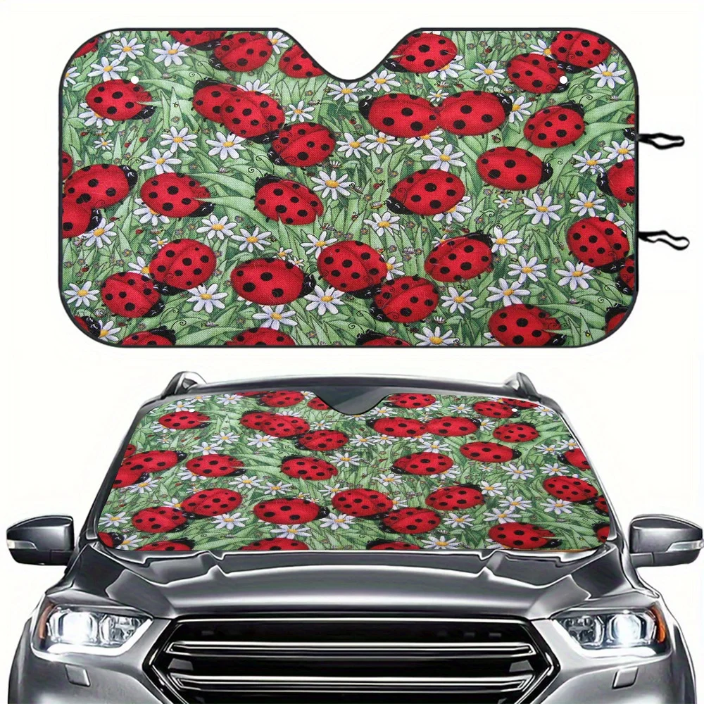 

1pc Ladybug Car Windshield Sunshade 57.09x27.56 Inch - Vibrant Red Ladybugs & White Daisies On Green Leaves Design, Polyester Fi