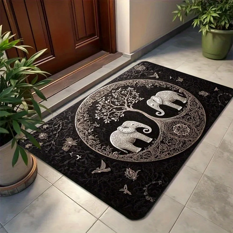 

1 шт. Приветственный коврик со слоном и деревом жизни — нескользящий, можно стирать в машине для гостиной, ванной комнаты, кухни — прочный полиэстер