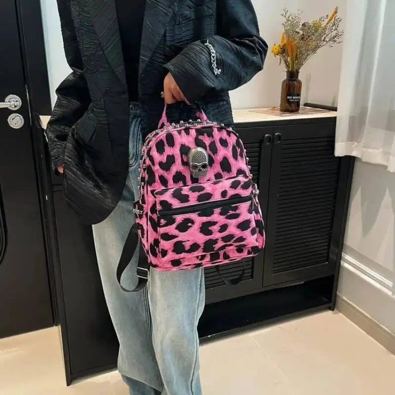 Haruku Leopard Gothic Skull Rivet Mini Backpack Design Women Casual Travel Bags Sweet Cool Y2k Aesthetic Punk Schoolbag