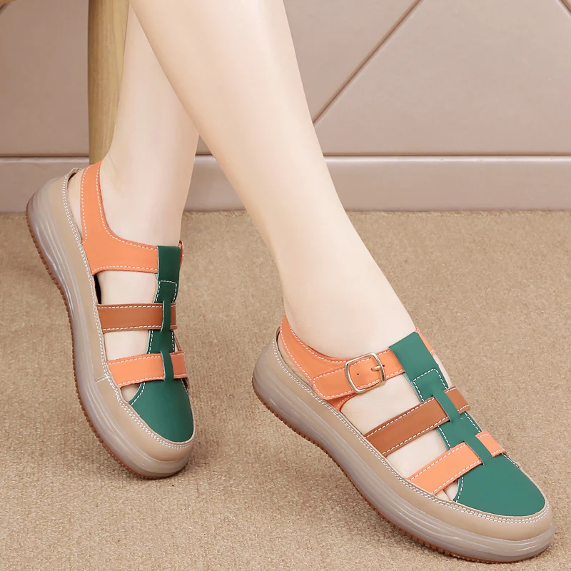 

Women's Color Block T-Strap Platform Sandals, Buckle Fastening Casual Walking Shoes