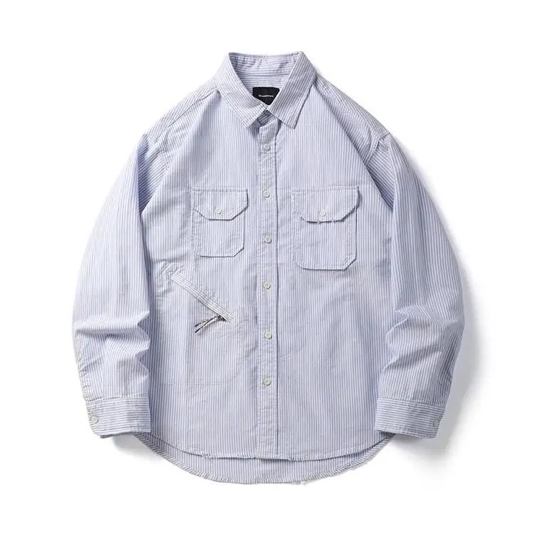 

Ретро японская ткань из чистой хлопка и быка Long Sve Спецодежда irt Jaet Свободный крой Вертикальные полоски Дышащая весна ...