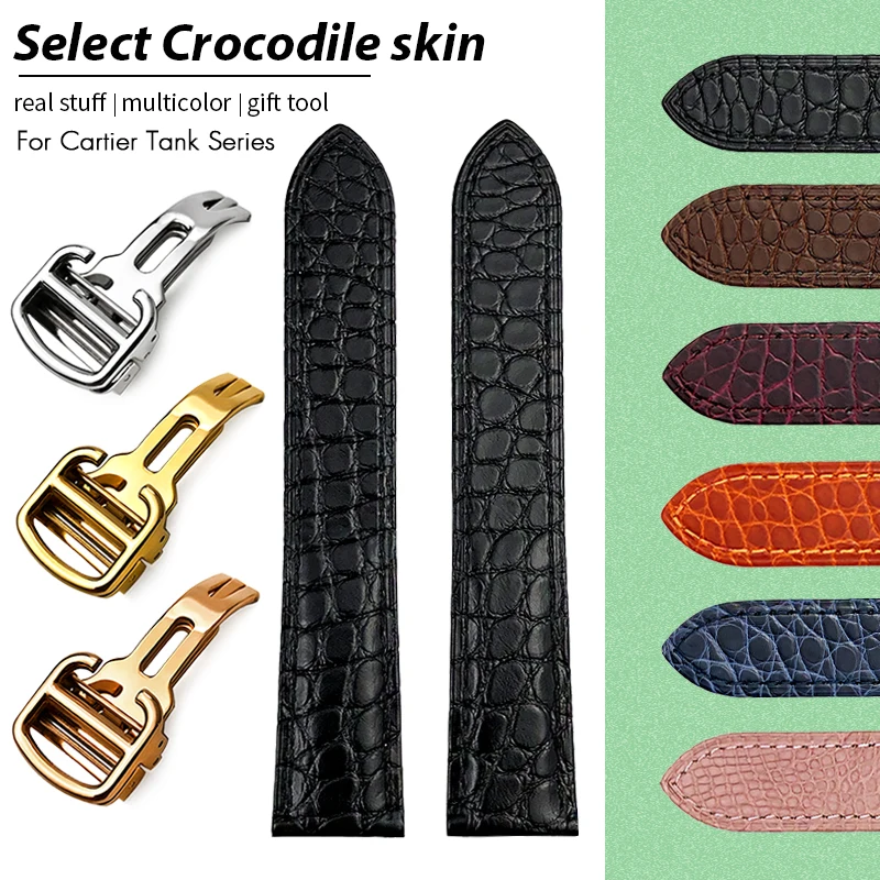 

High Quality Real Crocodile Skin Watchband for CARTIER SANTOS TANK RONDE American Alligator Leather Folding Buckle Watch Strap