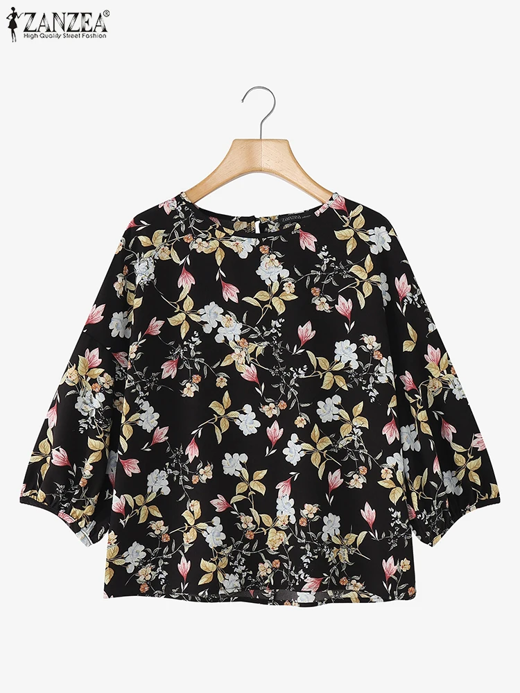 2025 ZANZEA Women Autumn Floral Printed Blouses Bohemain Shirt Elegant 3/4 Lantern Sleeve Work Tops Casual O Neck Loose Blusas