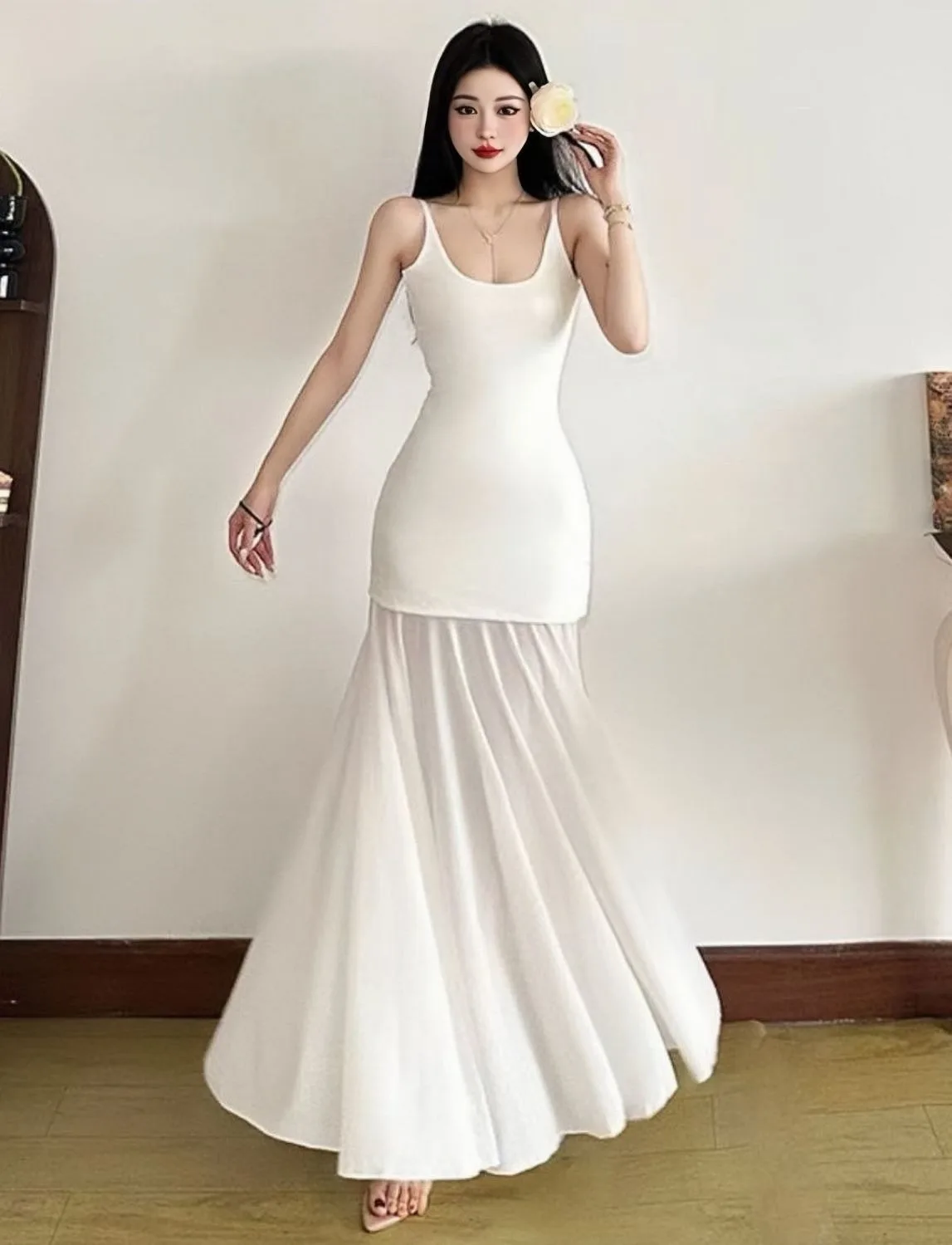 Mouwloze chiffon maxi-jurk voor dames in Franse stijl Mesh getrimd afslankend hemdje Lente zomer Vakantie-geïnspireerde zwierige jurk