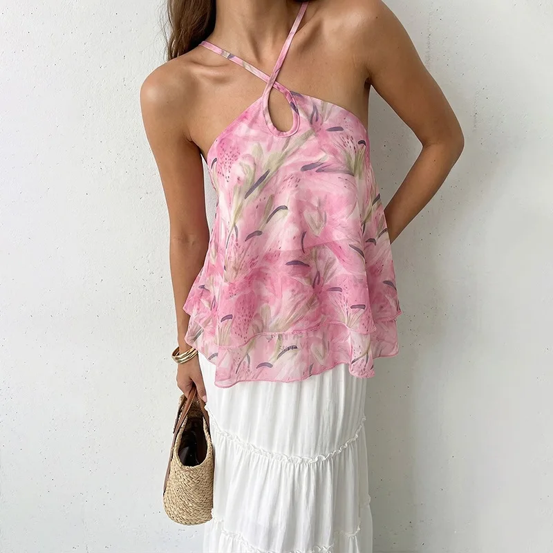 Women's Floral Print Halter Neck Cami Top With Keyhole Detail Sleeveless Loose Fit Chiffon Flowy Blouse Elegant Daily Casual Top