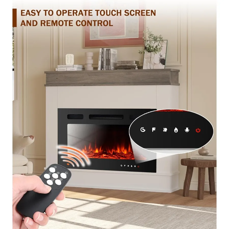 Electric Fireplace Insert for Living Room with 12 LED Colors White Freestanding Heater with Logset and Stones 1500W/750W 40inch