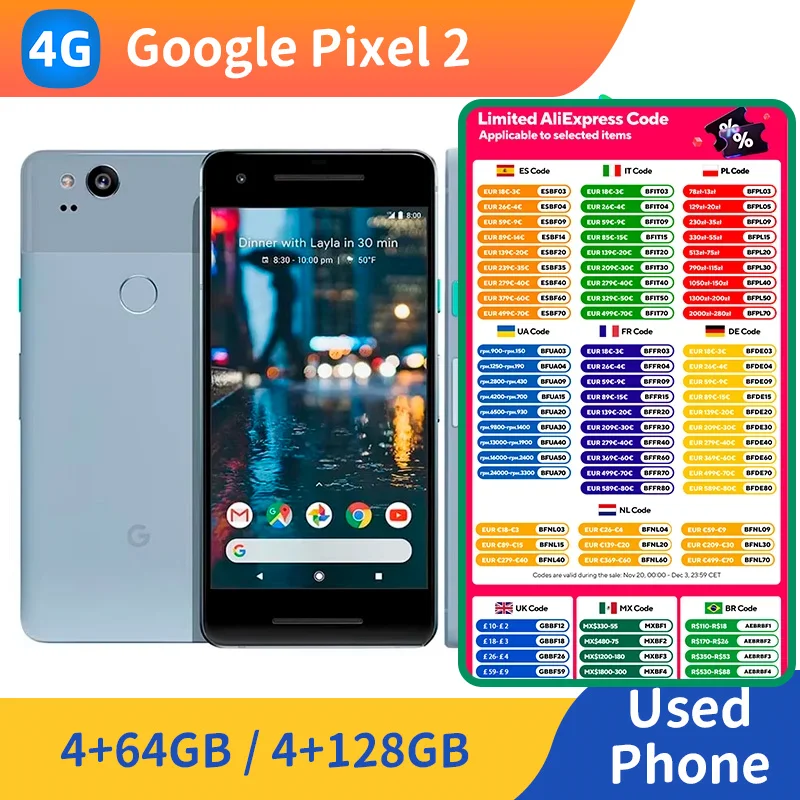 جوجل بيكسل 2 4G الهاتف الذكي ROM 64GB/128GB 5.0 بوصة 1920x1080 AMOLED شاشة 2700mAh بطارية 12MP كاميرا الهاتف المستخدم