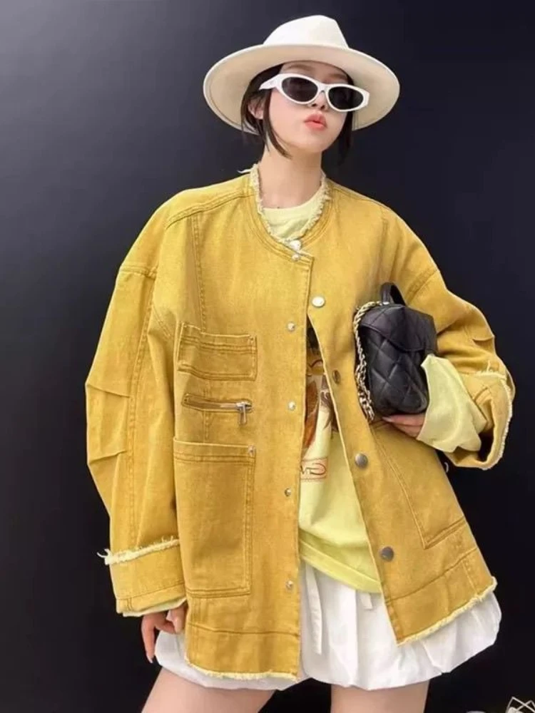 

Women Solid Mid-Length Denim Duster - Raw-Hem Utility Jacket with Multi-Pocket | Boho Chic Spring/Autumn Layering Essential Coat