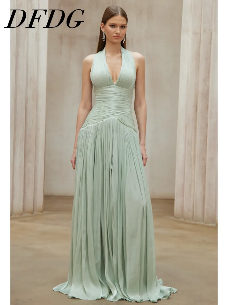 Vestido Maxi DFGD para Mujer, Primavera-Verano, Cuello Halter, Escote en V Profundo, con Volantes, Elegante, Formal, para Eventos Nocturnos, Moda Femenina 2026