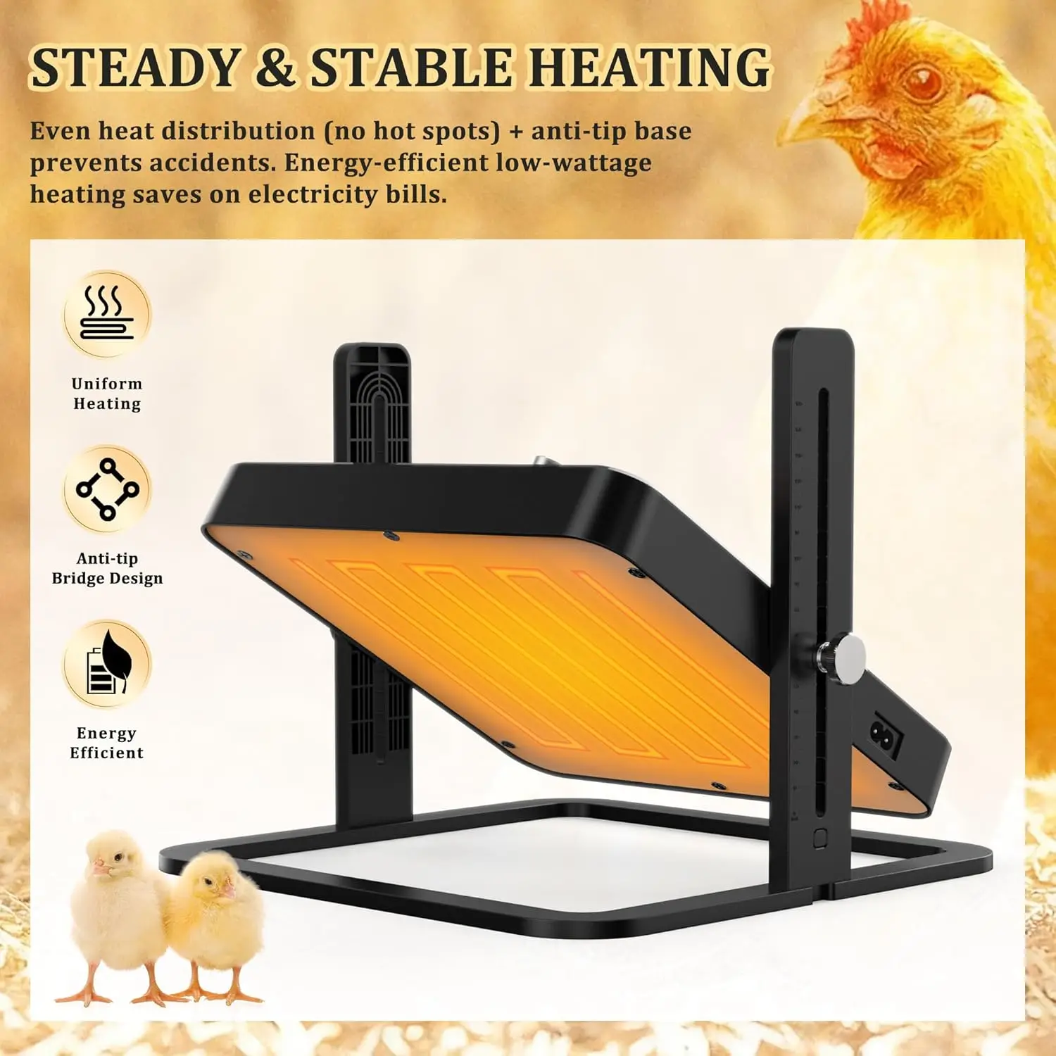 Chick Brooder Heater Plate, 10.7" x 10.7" Adjustable Height & Temperature, 15~22W Energy-Efficient Brooder Heating Plate for Up