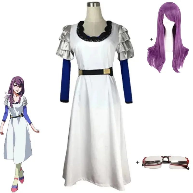 أنيمي طوكيو الغول كاميشيرو ريز تأثيري حلي بيضاء طويلة الأكمام فستان شعر مستعار نظارات الكبار امرأة مثير كرنفال البدلة olp ؛ 4