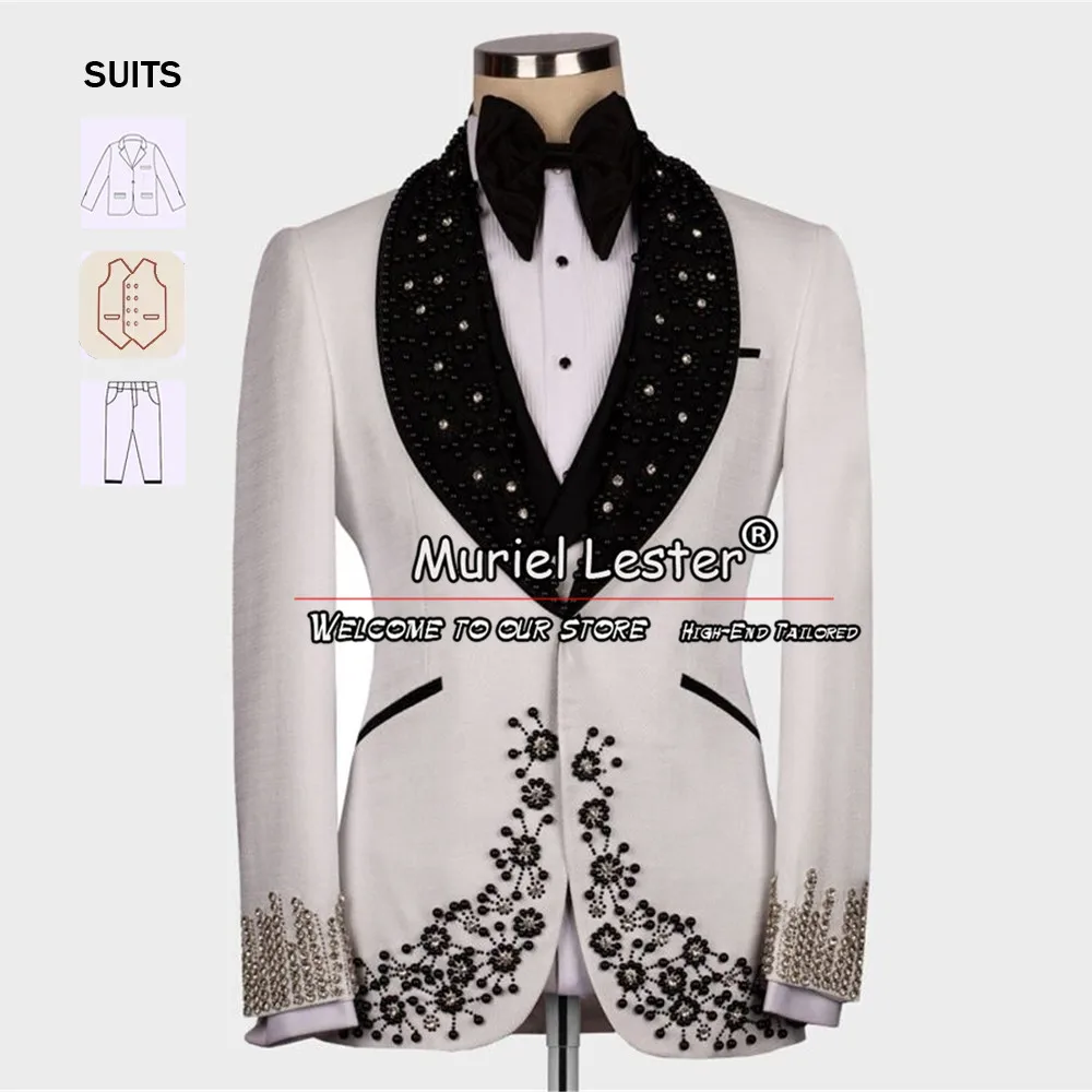 

Beading Men Suits Formal Ivory Wedding Tuxedos Black Notched Lapel Jacket Vest Pants 3 Pieces Prom Party Dinner Male Clothing