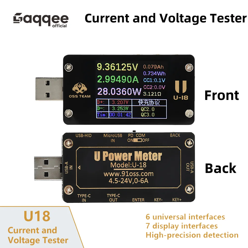 DC 4-25V 6.5A 1.77-Inch Multifunctional USBVoltage Current Meter Power Meter Tester QC/PD Protocol Decoy Fast Charger Tester
